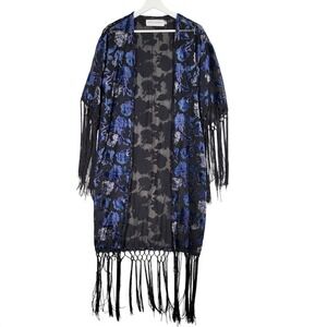 Gypsy Warrior Sheer Floral Velvet Burnout‎ Kimono Duster Long Fringe One Size